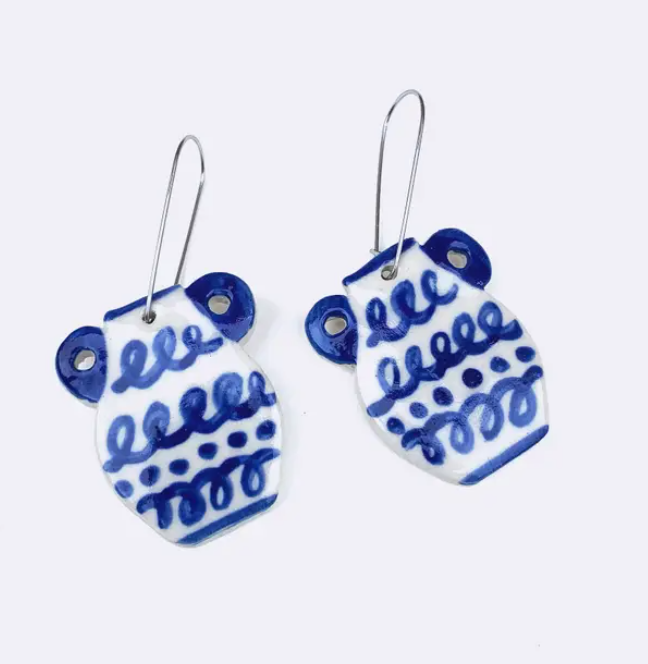 Earrings, Ceramic: Blue Urn