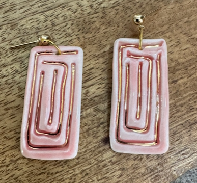 Earrings: Ceramic Rectangle - Gold/Soft Pink